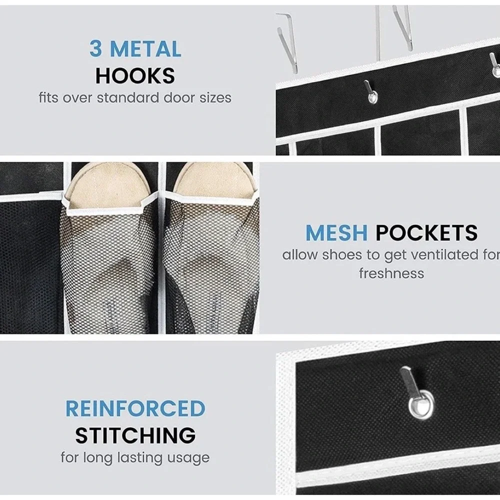 Zober 24 Pocket Over The Door Shoe Organizer Black Mesh Hanging Storage New‎